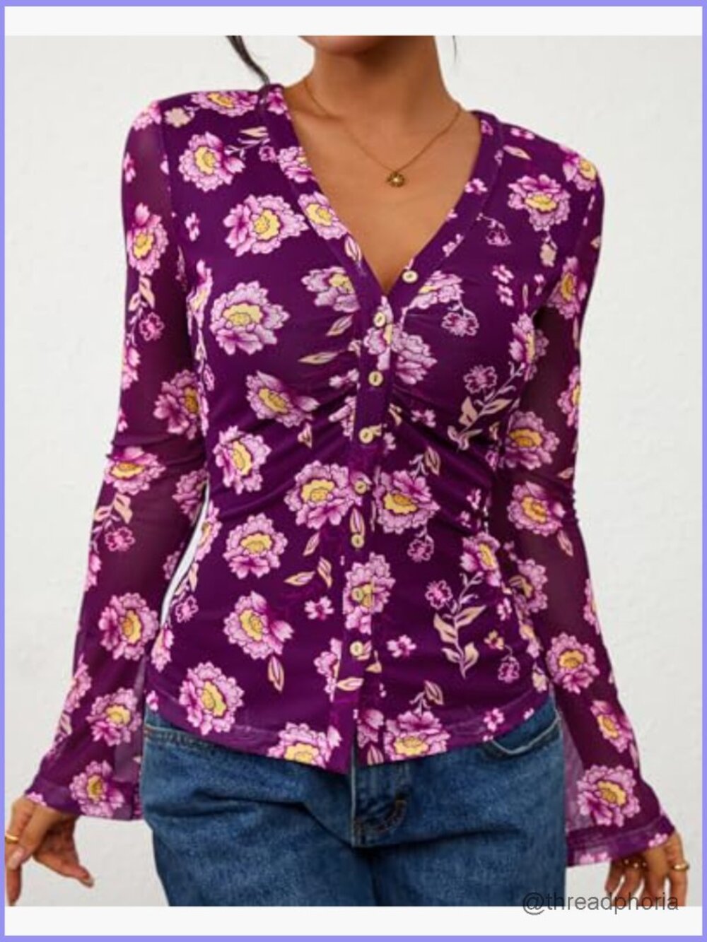 V-Neck Long Sleeve Floral Blouse Ruched Button Down Shirt Boho Top - Picture 5 of 7